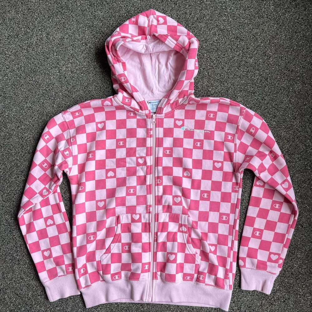 Champion Full Zip Hoodie Size XL (16) Pink Checkered Heart Print